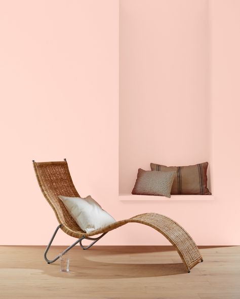 A peach-tinged pink that echoes the bright hint of color found inside a conch shell. Paint Color Swatches, Shades Of Peach, Benjamin Moore Colors, Stay Inspired, Color Swatch, Pastel Hues, Make Color, Benjamin Moore, Color Samples