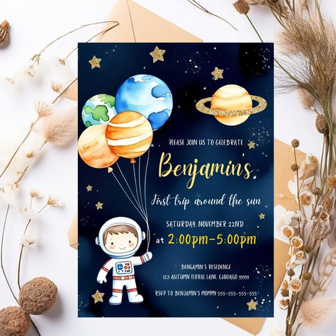 ✨ Blast off into a cosmic adventure! Celebrate your little astronaut’s First Trip Around the Sun with our Editable Space Theme Birthday Invitation! 🚀🌌 Perfect for a space-loving first birthday, this instant download lets you customize all the party details effortlessly. Featuring adorable planets, rockets, and an astronaut, it’s the ultimate invitation to a galaxy birthday! 🌍🎉 🔹 Astronaut Birthday Invitation 🔹 Outer Space Party vibes 🔹 Rocket Ship & Galaxy Theme 🔹 Editable & Printable in Can... Space Invitations Birthday, Birthday Astronaut, Space Invitation, Galaxy Birthday, Astronaut Birthday, First Trip Around The Sun, Outer Space Party, Galaxy Theme, Space Party