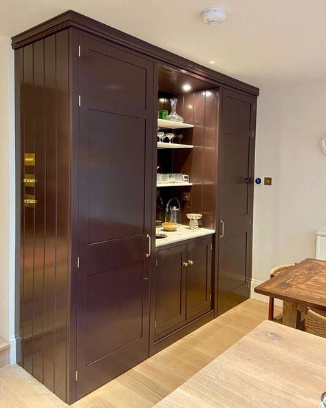 Elegant Home Bar, Marble Worktop, Bespoke Joinery, Purple Kitchen, London Kitchen, Brown Kitchens, Interior Windows, Little Greene Paint, Gloss Paint