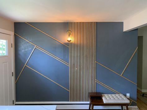 Slat Entryway, Conversation Room Ideas, Grey Blue Paint, Conversation Room, Charcoal Panels, Blue Feature Wall, Blue Walls Living Room, Grey Accent Wall, Slate Wall