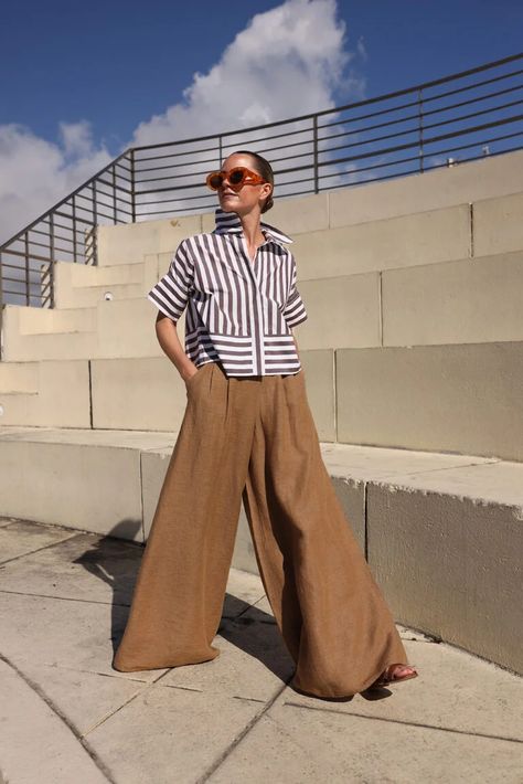 WIDE - Atlantic-Pacific Brown Linen Pants Outfit, Brown Linen Pants, Linen Pants Outfit, Wide Leg Pants Outfit, Blair Eadie, Summer Pants Outfits, Atlantic Pacific, Striped Wide Leg Pants, Advanced Style