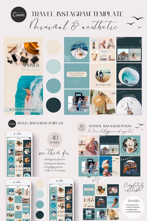 Enhance your travel blog with Canva Editable Travel Instagram Templates by YaaasTemplates. Ideal for bloggers and agents, this set offers 40 customizable post designs. Effortlessly create travel-themed Instagram photos, quotes, and engaging content. Edit colors, rearrange elements, and boost your social media marketing with these stylish templates Travel Instagram Template, Free Social Media Templates, Digital Minimalism, Online Planner, Photos Quotes, Transformational Coaching, Types Of Social Media, Spiritual Entrepreneur, Workbook Template