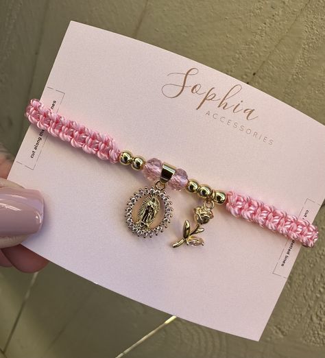 La Rosa de Guadalupe bracelet  18k gold filled charms Sweet Messages For Boyfriend, Guadalupe Bracelet, Girly Bracelets, Bracelets Ideas, Wedding Bracelets, Pink Drink, Mexican Jewelry, Diy Bracelet Designs, Beads Bracelet Design