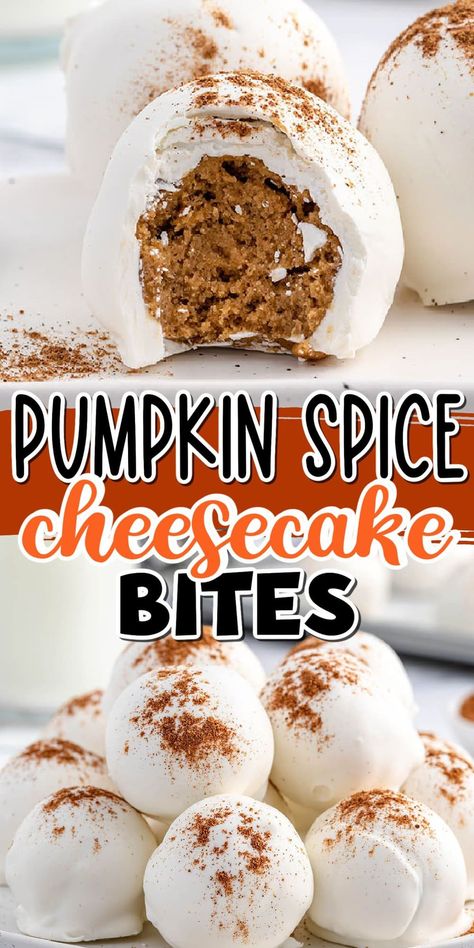 This easy Pumpkin Spice Cheesecake Bites recipe is made with real pumpkin, cream cheese, and spice cake mix rolled into a smooth and creamy ball, then coated in white chocolate candy and topped with a sprinkle of pumpkin spice. These no-bake balls are bursting with fall flavor, they taste like pumpkin pie cheesecake that you don’t have to cook. Pumpkin Spice Balls No Bake, Pumpkin Spice Cake Bites, Pumpkin Cream Cheesecake Balls, Pumpkin Peanut Butter Balls, Pumpkin Cheesecake Bites Recipes, Pumpkin Spice Cake Pops Recipe, Pumpkin Cream Cheese Bites, Pumpkin Cake Bites, Pumpkin Cheesecake Cake Pops