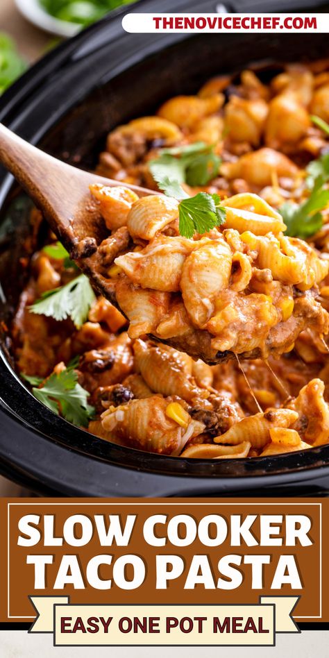 Looking for an easy, comforting meal? This stick-to-your-ribs Slow Cooker Cheesy Taco Pasta is the answer! Packed with taco flavor and cheesy goodness, it feeds an army and makes the perfect leftovers! Cheesy Taco Pasta, Cheesy Pasta Recipes, Novice Chef, Crockpot Pasta Recipes, Crockpot Pasta, Taco Meat Recipes, Slow Cooker Ribs, Crock Pot Tacos, Slow Cooker Pasta