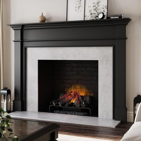 Modern Wood Fireplace Mantel, Gas Fireplace Surrounds And Mantels, Gas Fireplace Surrounds, Urban Bronze Fireplace, White Fireplace Black Mantel, Black Mantel Fireplace, Dark Painted Fireplace, Black Fireplace Makeover, Grey Fireplace Surround