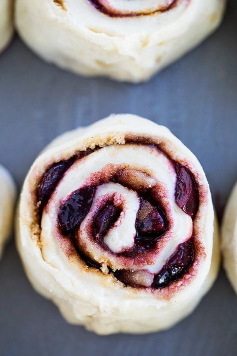 Cherry Almond Sweet Rolls - Two Peas & Their Pod Pastry Photography, Almond Glaze, Sticky Rolls, Cherry Bread, Sweet Roll Recipe, Tart Cherries, Yeast Breads, Spiralizer Recipes, Easy Chinese Recipes