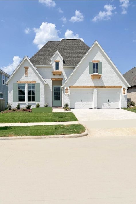 Light Brick House Exterior Shutters, Sw Uncertain Gray Exterior, White And Sage House Exterior, Light Green Shutters White House, White House Sage Shutters, Sage Green Shutters, White Brick House Exterior, White Painted Brick Exterior, White Brick House