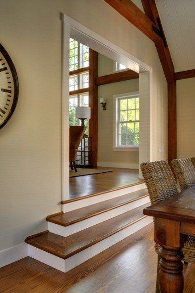 Yankee Barn Homes East Hampton Contemporary Barn Home Garage Conversion To Family Room, Post And Beam Barn Homes, Yankee Barn Homes, Garage To Living Space, Family Room Addition, Barn Homes Floor Plans, Contemporary Barn, Family Dining Rooms, Sunken Living Room