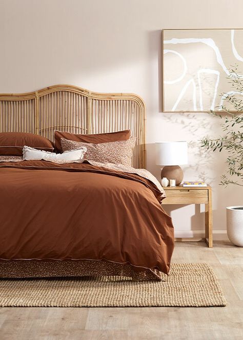 Rattan Bedhead, Bedroom Colour, Summer Bedroom, Bedroom Colour Palette, Relaxing Bedroom, Wardrobe Furniture, Colour Combos, Summer Bedding, Hallway Furniture