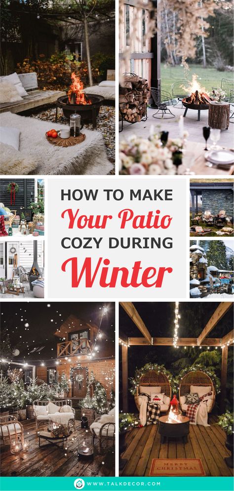 Ways to make warm and cozy your patio during winter, there are some facilities that you should provide and the first one is the firepit or fireplace. Between both of those things, the firepit will be easier to be provided than the fireplace. Then, consider making your seating warmer by providing the additional warm material throw blanket, cushions, or chair pad. You can check the following ideas to give you more information about it. #winterpatiodecor #warmpatioideas Winter Deck Decorating Ideas, Hottub Porch Ideas, Winter Deck Decor, Winter Decorations Outside, Backyard Patio Christmas Decor, Winter Patio Decorating Ideas, Winter Outdoor Seating Area, Backyard Winter Party Ideas, Cozy Winter Porch Ideas