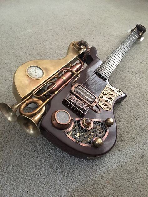 Awesome #steampunk guitar #guitar #steampunk Steampunk Ukulele, Steampunk Violin, Steampunk Instruments, Guitar Sculpture, Metalhead Guy, Steampunk Guitar, Funny Guitar, Unique Guitars, Music Technology