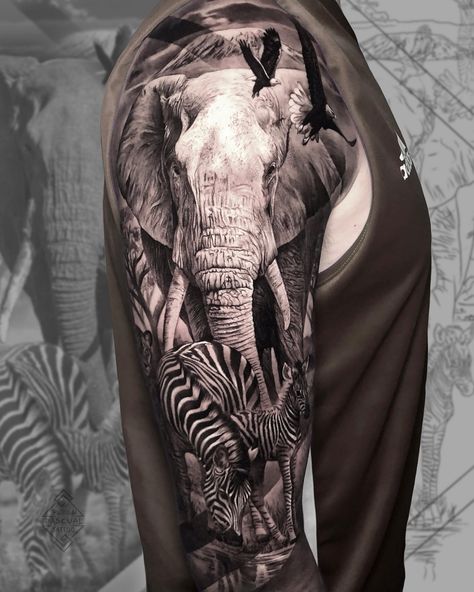 Elephant and zebra sleeve tattoo on upper arm Tattoo On Upper Arm, Zebra Tattoo, Rose Half Sleeve, Zebra Tattoos, Tattoo Style Art, Half Sleeve Tattoos Forearm, Animal Sleeve Tattoo, Half Sleeve Tattoos, Stylish Tattoo