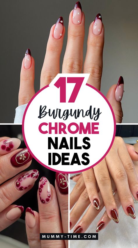 Burgundy chrome nails are the perfect blend of elegance and trendiness! 🍷✨ From date nights to special events, this stunning look is a must-try. Explore the latest designs and save this pin for your nail inspiration journey! 📌💖 Dark Red Chrome French Tip Nails, Oxblood Nail Designs, Mulberry Nails Design, Dark Wine Nails With Design, Wine Colored Nails Designs, Burgundy And Silver Nails, Wine Chrome Nails, Chrome Holiday Nails, Burgundy Chrome Nails