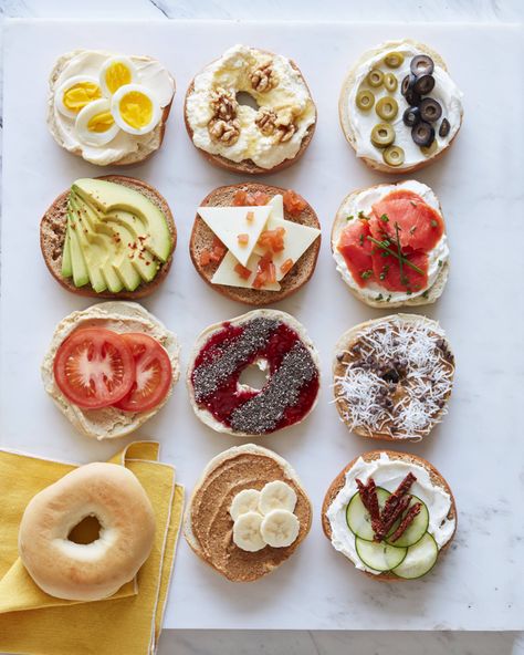 Bagels 8 Ways - Bagel doesn't have to boring.  Top with olives, eggs, avocado, cheese, tomatoes., cucumber and so much more  | Brunch recipes, breakfast, easy breakfast, what to put on bagels Breakfast Bagels, Healthy Bagel, Creative Backyard, Bagel Toppings, Mini Bagels, Prep Breakfast, Breakfast Bagel, Bagel Shop, Homemade Bagels