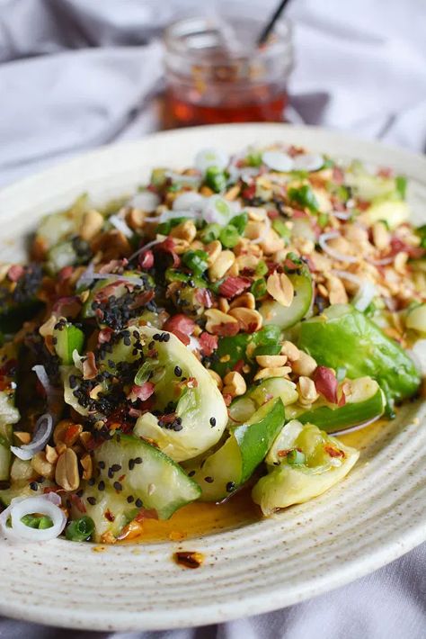 Chile Oil, Smashed Cucumber, Smashed Cucumber Salad, Peanut Salad, Healthier Meals, Cucumber Recipes, Toasted Sesame Seeds, Eating Clean, Roasted Peanuts