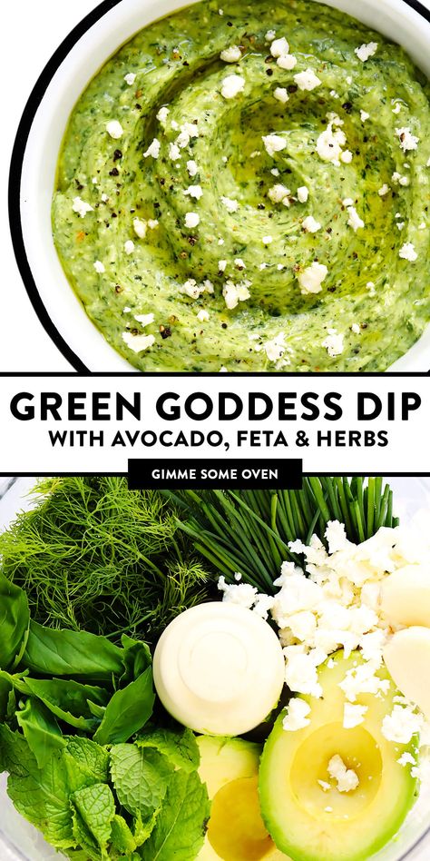 This Green Goddess Feta Dip recipe is packed with tons of fresh herbs (basil, mint, dill), creamy avocado, and lots of tangy lemon and feta.  Serve it up with crusty bread, veggies, crackers or any of your favorite dippers! | gimmesomeoven.com #greengoddess #avocado #dip #spread #summer #feta #cheese #vegetarian #glutenfree #appetizer #mediterranean