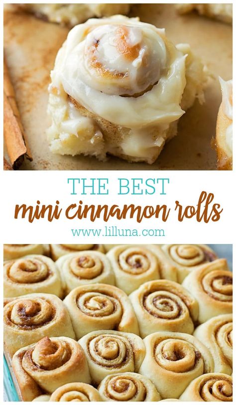 Give these 90 minute Mini Cinnamon Rolls a try and you'll fall in love with their tender, sweet centers and irresistible cream cheese frosting!  #minicinnamonrolls #cinnamonrolls #cinnamonrollrecipe #breakfast #sweetrolls Mini Sweet Rolls, Mini Cinnamon Rolls Crescents, Homemade Mini Cinnamon Rolls Easy, Marshmallow Cinnamon Rolls, Mini Cinnamon Rolls Recipe, Small Cinnamon Roll Recipe, How To Make Mini Cinnamon Rolls, Mini Baked Desserts, Mini Cinnamon Roll Bites