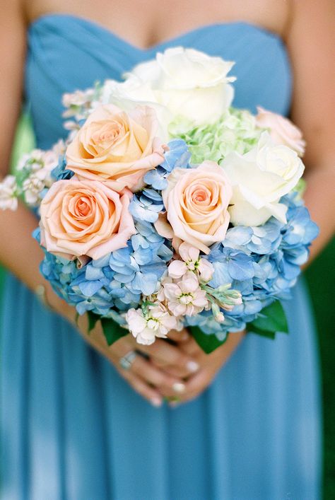 Peach, blue and white bouquet. Read More: http://www.stylemepretty.com/southwest-weddings/2014/04/10/traditional-country-club-wedding/ Peach Wedding Colors, Blue Wedding Centerpieces, Hydrangea Bouquet Wedding, Blue Wedding Decorations, Southwest Wedding, Blue Wedding Bouquet, Hydrangeas Wedding, Peach Wedding, Country Club Wedding