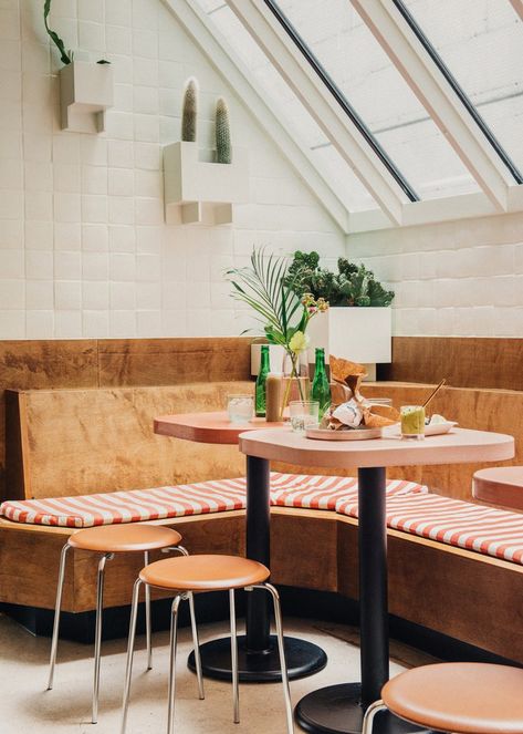 Vancouver taco restaurant references "mid-century Mexican resort town" Mexican Resort, Mexican Restaurant Design, Vancouver Restaurants, Wicker Bar Stools, Taco Restaurant, Modern Cafe, Jillian Harris, Tacos And Burritos, Bright Walls