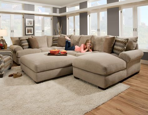 Massive sectional featuring an extra deep seat with crowned cushions has an extra wide chaise and extra comfortable sofa.Covered in a soft textured chenille in a rich stone color and accented with designer pillow fabric. Tan Sectional, Deep Sectional Sofa, Sectional Sofa Comfy, Comfy Sectional, Comfortable Sectional Sofa, Deep Couch, Large Sectional Sofa, Furnitur Ruang Keluarga, Comfortable Sectional