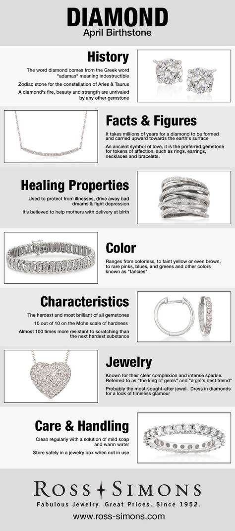 Learn about the history, facts, healing properties, color, characteristics and how to care for April's Birthstone, Diamond. Diamond Facts, Birthday Stone, Zodiac Stones, April Birthstone Jewelry, Diamond Birthstone, April Birthstone, Gems And Minerals, History Facts, Crystal Gems