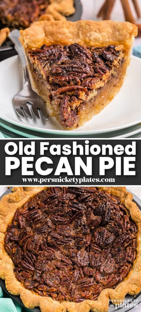 Learn to make an old-fashioned pecan pie using this basic recipe and your favorite flaky pie crust! With an ooey gooey sweet filling, loads of crunchy pecans, and an unforgettable taste experience, this simple yet nostalgic pie has everything you need in a fall dessert. Home Made Pecan Pie Recipes, Grandma's Pecan Pie, Pecan Pie Desserts Easy, Homemade Pecan Pie From Scratch, Taste Of Home Pecan Pie, Amish Pecan Pie Recipe, Pecan Pies Recipes, Christmas Pie Ideas, Pecan Pie Filling Recipe