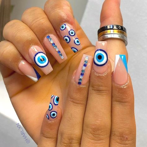 Evil Eye Acrylic Nail Designs, Third Eye Nails, Pink Evil Eye Nails, Jel Nails, Evil Eye Nail, Bling Nail Art, Evil Eye Nails, Eye Nail Art, Nude Nail