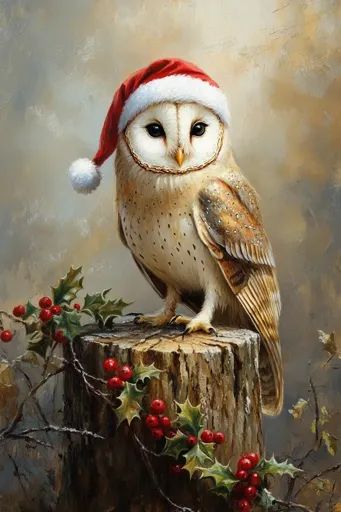 ↑↑↑ Larger size on website 🔸 A barn owl, wearing a red Santa hat, sits on a tree stump. The owl has large, bright eyes and a fluf Christmas Scenery Wallpaper, December Pics, Xmas Paintings, Yule Cat, Pumpkin Christmas, Holiday Iphone Wallpaper, Owls Wallpaper, Cute Owls Wallpaper, Winter Owl