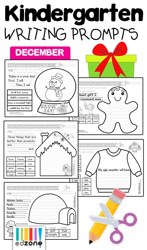 Kindergarten Writing Prompts for December. December Writing Prompts for Kindergarten!  Students LOVE these no-prep, interactive writing prompts for winter.  Each guided-writing prompt provides your student with a word bank and engaging picture prompt.  December Kindergarten Writing Prompts Christmas Writing Craftivity First Grade, December Writing Prompts 2nd Grade, Writing Prompts For Kindergarten Free, Winter Writing Activities Kindergarten, Winter Writing Prompts First Grade, Christmas Journal Prompts For Kids, December Writing Prompts For Kids, Christmas Writing Activities Kindergarten, Christmas Writing For Kindergarten