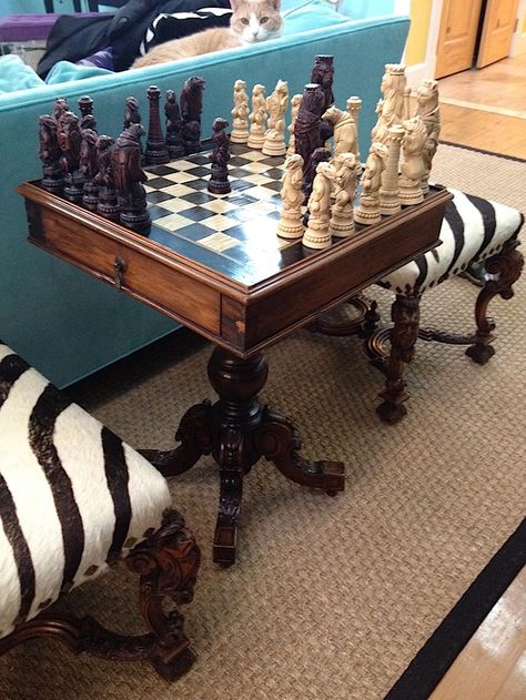 I love this chess table. Chess Tables, Chess Board Table, Home Library Design Ideas, Gaming Tables, Barrel Chairs, Chess Boards, Chess Table, Home Library Design, Set Decor