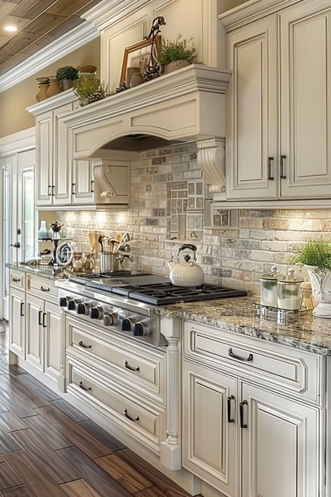 Natural Stone Backsplash Kitchen White Cabinets, Kitchen Hood Ideas Farmhouse, Rustic Traditional Kitchen, Timeless Backsplash, Big Kitchens, Brighten Kitchen, Timeless Kitchen Cabinets, White Kitchen Design Ideas, Kitchen Cabinet Door Styles