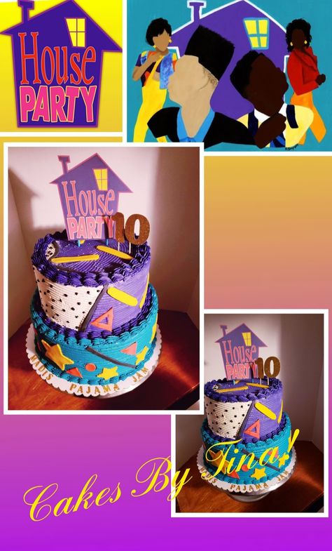 House party theme birthday cake! House Party Theme Birthday Ideas, 90 Theme Birthday Cake, House Party Pajama Jam Theme, House Party Birthday Theme, House Party 90s Theme, 90s Birthday Party Theme For Adults Cake, 90s Theme Wedding Reception, 28th Birthday Party Theme, 90s Birthday Cake Ideas