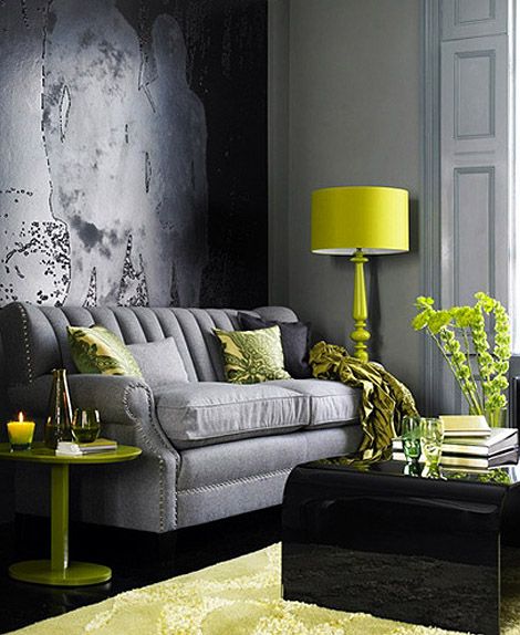 i have to say i'm obsessed with this color combo. light steel blue gray with bright light yellow green... Chartreuse Pantone, Chartreuse Decor, Best Gray Paint, Best Gray Paint Color, Bad Inspiration, Grey Decor, Beautiful Interior Design, Living Room Green, Green Decor