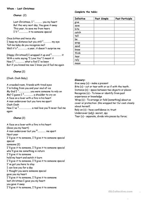 LAST CHRISTMAS - English ESL Worksheets for distance learning and physical classrooms Christmas Grammar Worksheets, Last Christmas Song, Nursery Rhymes Activities, Perfect Tense, Christmas Worksheets, Future Teacher, Present Perfect, Grammar Worksheets, English Worksheets