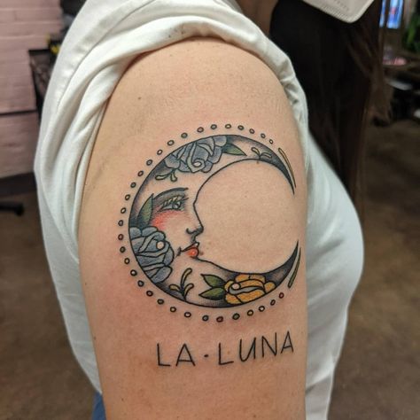 Moon tattoo with Texas yellow rose and lotería Mexicana reference Luna Loteria Tattoo, La Luna Loteria Tattoo, La Luna Tattoo, Loteria Tattoo, Luna Tattoo, Arm Tattoos, Moon Tattoo, Yellow Roses, Yellow Rose