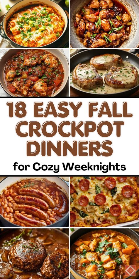 Cozy up with 18 effortless slow cooker recipes perfect for fall! These crockpot dinner ideas include dump meals and classic autumn favorites that deliver on taste and convenience. With minimal prep and maximum flavor, these recipes are a must for busy weeknights. Save this pin to transform your fall dinners with ease! Crockpot Meals Make Ahead, Meals In Crockpot Easy Dinners, Crock Pot Group Meals, Favorite Slow Cooker Recipes, Cold Day Crockpot Meals, Fun Crock Pot Meals, Cold Weather Crock Pot Meals, Crockpot 10 Hour Recipes, All Day Crockpot Recipes Dinners