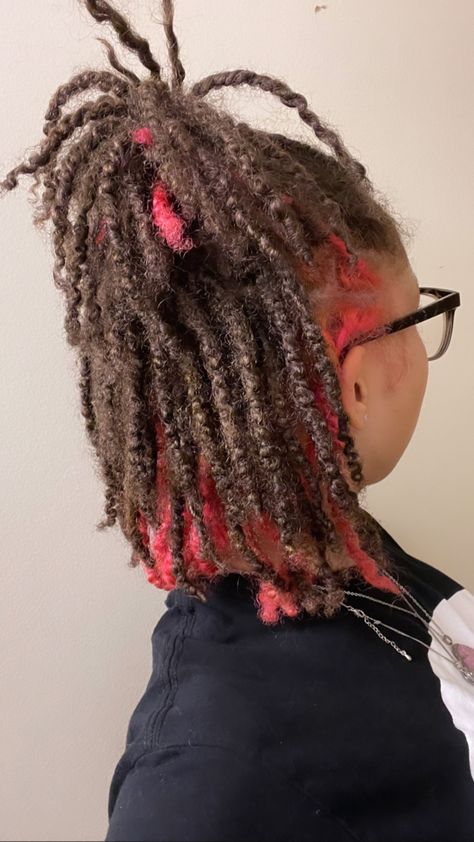 Dyes Locs, Pink Skunk Stripe Locs, Half Dyed Locs, Peekaboo Locs, Pink Locs, Loc Colors, Pretty Locs, Colored Dreads, Peekaboo Hair Colors