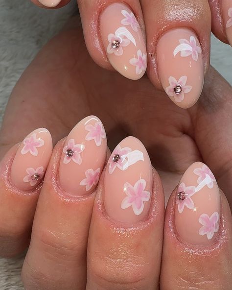 how cute are these cherry blossom nails?! 🌸🤍 gel fill w/ hand painted nail art <3 @stellar_gel - stellar bond - structure gel nude bloom - stellar white - cranberry ice - stellar shine top #cherryblossom #cherryblossomnails #flowernails #springnails #springnailart #summernails #summernailart #nailporn #nailpromagazine #nailsmagazine #nailitmag #nailitmedia #showscratch #showyourclawssss #nails #nailsofinstagram #nailsnailsnails #nailsart #nailart #naildesign #nailartist #gelnails #gelover... Cherry Blossoms Nail Art, Clear Cherry Blossom Nails, Sakura Flower Nail Art, Gel Nails Cherry Blossom, Japanese Cherry Blossom Acrylic Nails, Cherry Blossom Nails, Painted Nail Art, Spring Nail Art, Nail Pro