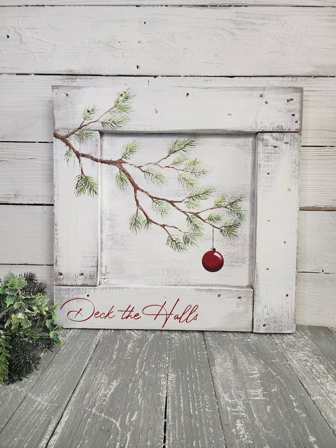 Christmas Pine Branches With Red Ornament Hand Painted on - Etsy Painted Pallet, Christ Centered Christmas, Christmas Rustic, Pine Branches, Cowboy Christmas, Weathered White, Christmas Signs Wood, Red Ornaments, Winter Wood