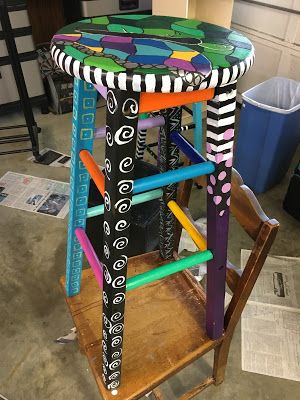 Adult Treehouse, Stool Painting, Hand Painted Stools, Riding Instructor, Hand Painted Chairs, Painted Stools, Whimsical Painted Furniture, Funky Chairs, Whimsical Furniture