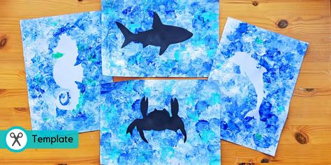 Ocean Creatures Silhouette Painting | Under The Sea Crafts Under The Sea Silhouette, Craft Octopus, Painting Under The Sea, Paper Octopus, Under The Sea 3d, Sea Silhouette, Dolphin Craft, Bright Paint Colors, Under The Sea Crafts