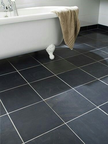 Topps Tiles 'Slate' bathroom Black Slate Floor Tiles, Black Slate Floor, Black Bathroom Floor, Slate Bathroom, Slate Tile Floor, Topps Tiles, Slate Flooring, Black Tiles, Slate Tile