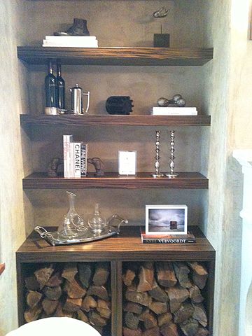 Under The Stairs Bar, Firewood Storage Indoor, Alcove Ideas Living Room, Bookcase Diy, Rustic Apartment, Fireplace Built Ins, Under The Stairs, Firewood Storage, Cottage Living Rooms