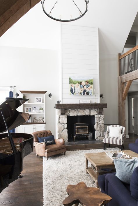 Shiplap Wood Stove, Barndominium Fireplace, Farmhouse Wood Stove, Shiplap Fireplace Surround, Wood Stoves Ideas Living Rooms, Cathedral Living Room, Woodstove Surrounds, Fake Wood Flooring, Stairs Loft