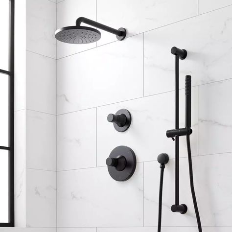 Signature Hardware Two Handle Single Function Shower System in Chrome | Ferguson Acrylic Tub, Slide Bar, Rainfall Shower Head, Widespread Bathroom Faucet, Black Shower, Shower Hose, Rainfall Shower, Rain Shower Head, Shower Arm