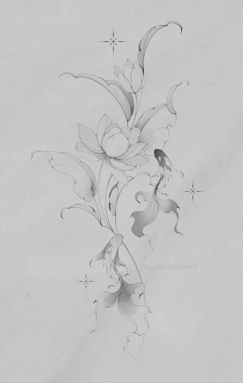 Lily Flower Arm Tattoo, Lilies Flowers Tattoo, Sketch Flower Tattoo, Wispy Tattoo, New Age Tattoo, Water Lily Tattoos, Butterfly Tattoo Design, Lilies Flowers, Koi Art