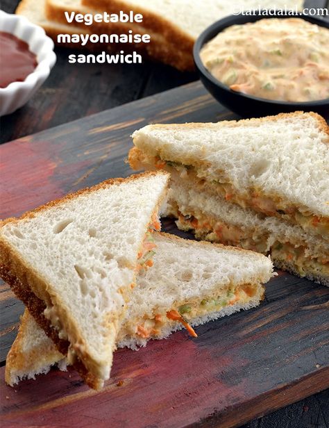 Vegetable Mayonnaise Sandwich recipe, How to make veg mayo sandwich recipe Veg Mayonnaise Sandwich, Mayonnaise Sandwich Recipe, Eggless Mayo, Eggless Mayonnaise, Evening Snacks Indian, Vegetable Sandwich Recipes, Mayonnaise Sandwich, Mayo Sandwich, Veg Sandwich