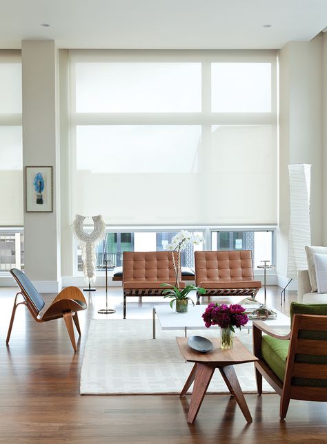 This Home is a Sister Act - Colorado Homes & Lifestyles Bauhaus Style Living Room, Barcelona Chairs In Living Room, Office Living Room, Living Room Chairs Ideas, Bauhaus Design Interior, Barcelona Chair Living Room, Danish Modern Living Room, Bauhaus Living Room, Danish Living Room