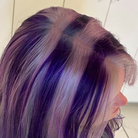 🌚💜💿👾⚔️💟👽🪻 purple & silver chunky highlights today for olivia! I’m so obsessed with this color, and I’m so happy we were able to kick most of that teal out! She had been trying to get it out for a few years now. I was so stoked to do her hair because we used to do ballet together when we were like 3 😸 this looks so sick on her, and I can’t wait to see what other hair I get to do on her in the future! ⛓🧷 𝐃𝐌 𝐓𝐎 𝐁𝐎𝐎𝐊 🦇-𝔐™ 🤍 ✮ ✮ ✮ ✮ ✮ #chunkyhighlights #purplehair #halifaxhair #halifaxqueer #... Hair Color Alternative, Purple Chunky Highlights Black Hair, Blonde And Purple Highlights, Purple Hair With Blonde Highlights, Chunky Colored Highlights, Purple Chunky Highlights, Purple And Teal Hair, Blonde Hair With Purple Streaks, Purple Blonde Hair